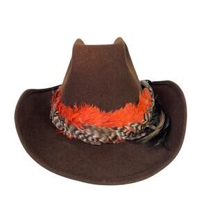 Vintage Brown Westerner Wool Cowboy Hat Orange Feather Band Sz 7 1/8 USA 57 Mex